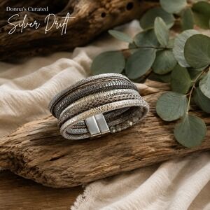 Donna's Curated Silver Drift‎ Multi Strand Magnetic Wrap Bracelet Gray Crystal
